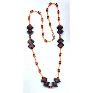 Vintage Chevron Shaped Beads -  Gray, Amber,  Bead Necklace